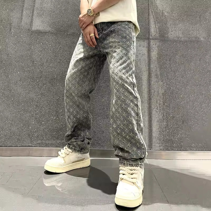 Zeydan - Jacquard Wide Leg Denim Pants