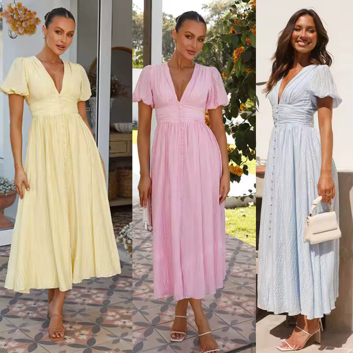 Sneja - Elegant Puff Sleeve Button Dress