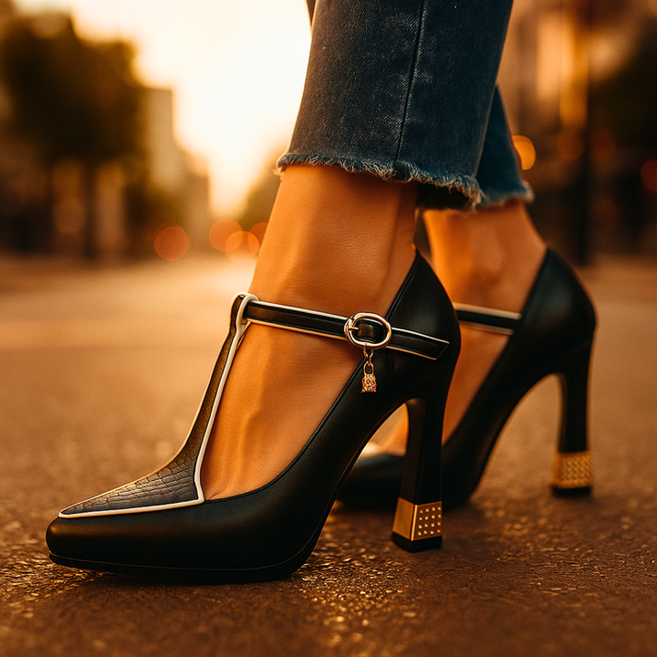Avitia - T-Strap High Heel Pumps with Buckle