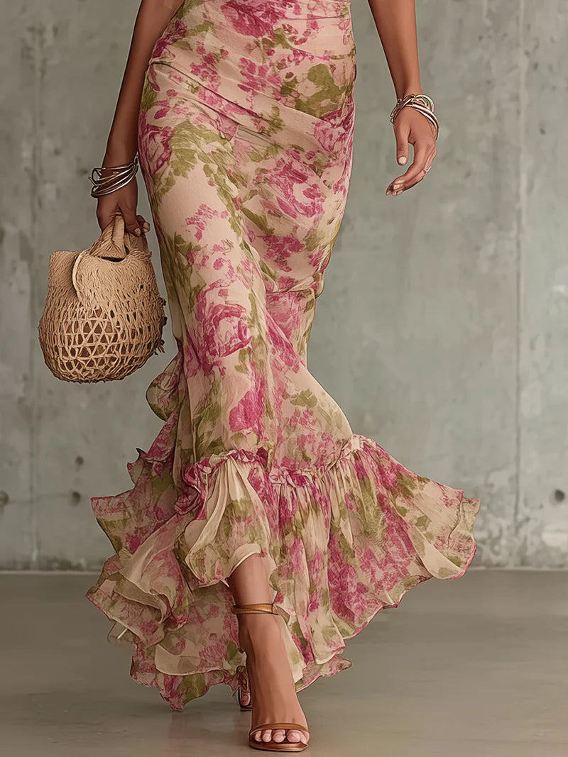Erikka - Chiffon Floral Dress With Ruffled Hemline