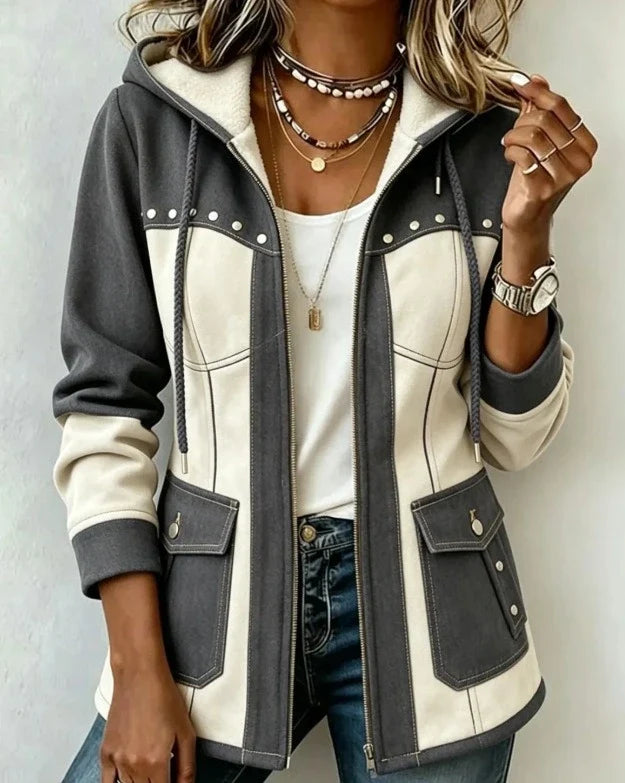 Velelle - Jacket With Hood and Contrasting Textured Panels