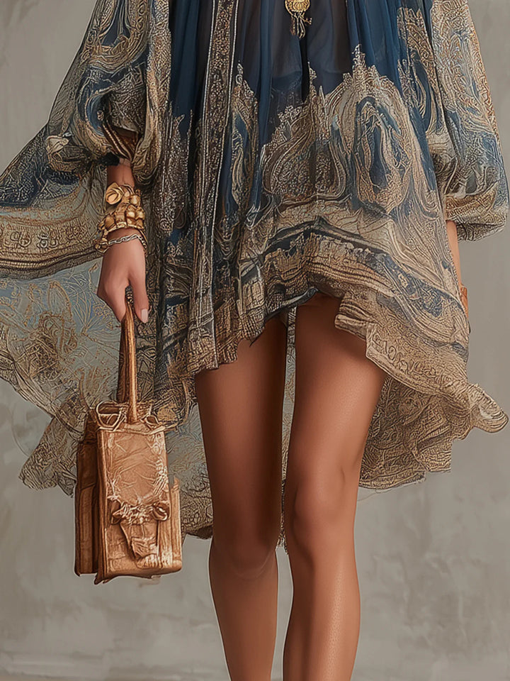Rhean - Chiffon Mini Dress With Gold Baroque Print