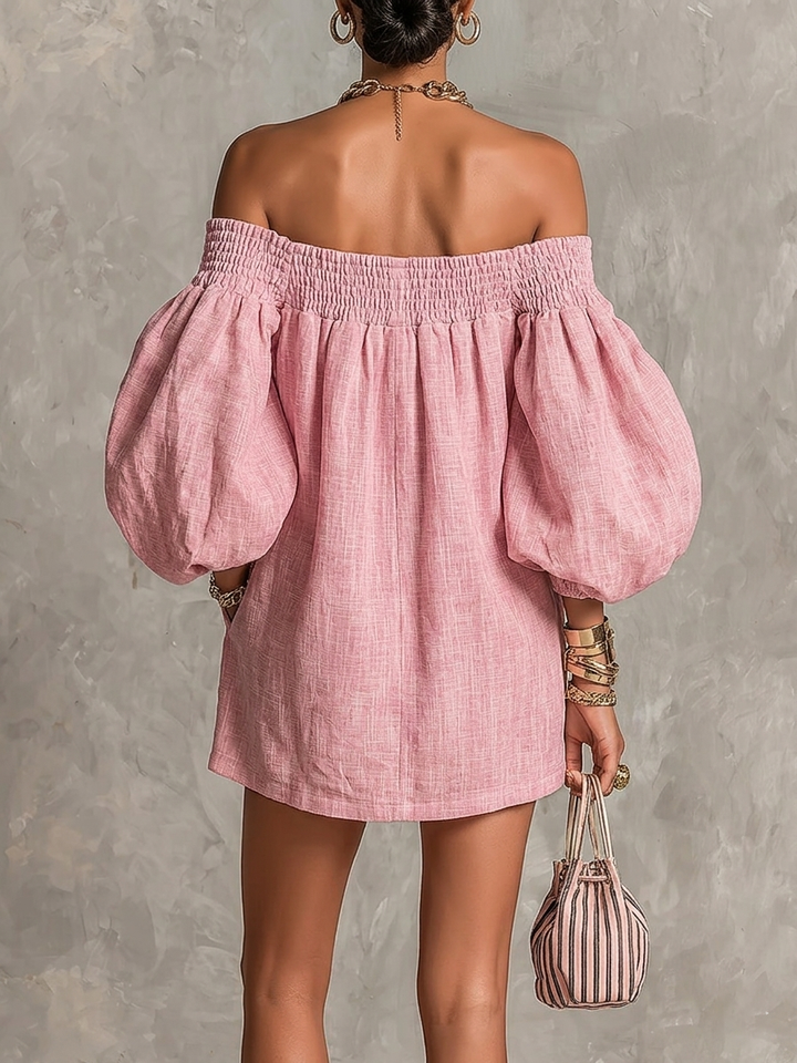 Avelira - Off-Shoulder Lantern Sleeve Mini Dress