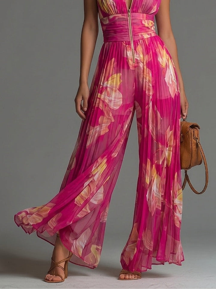 Sandria - Floral Print Zipper Jumpsuit