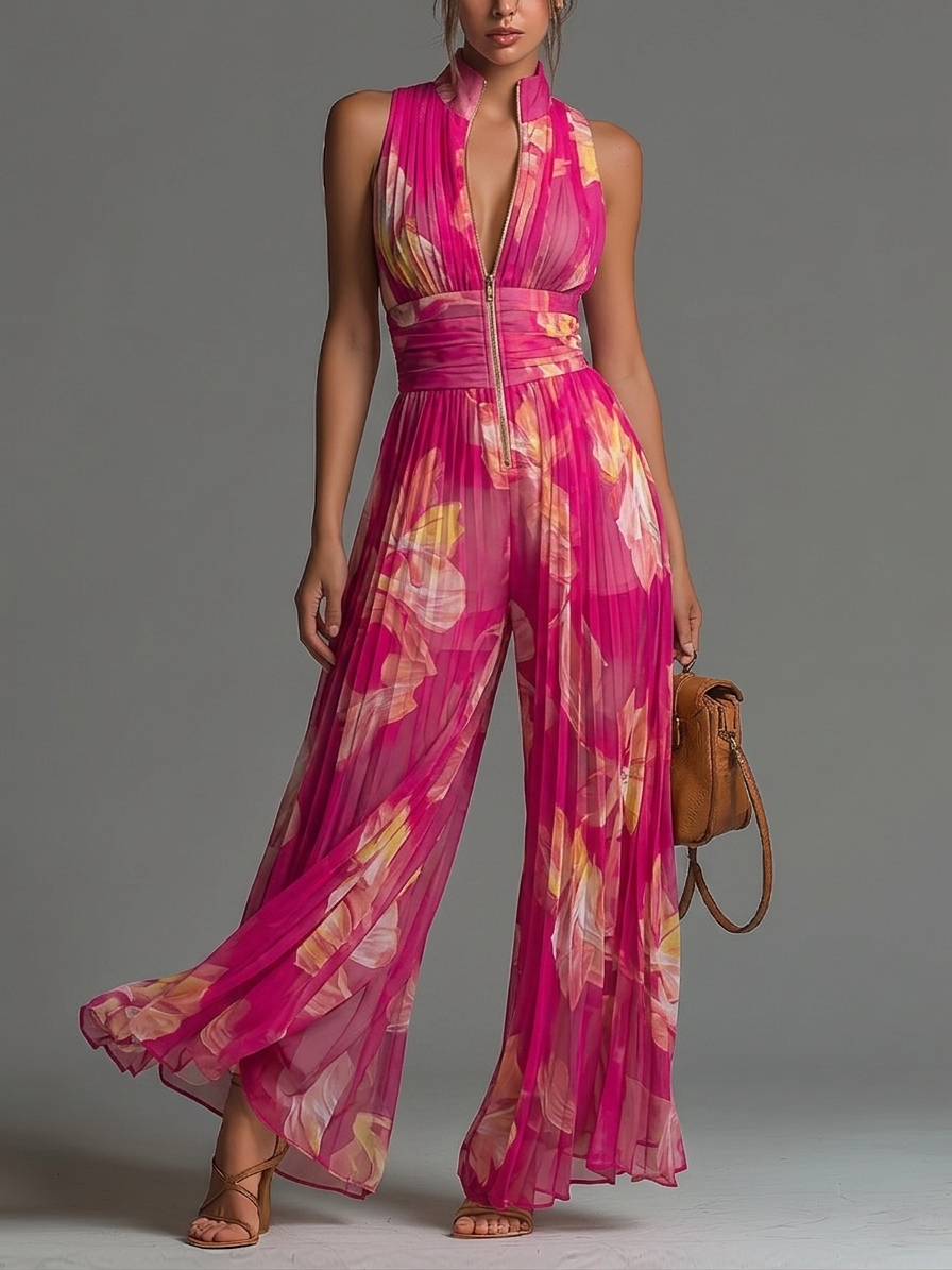 Sandria - Floral Print Zipper Jumpsuit