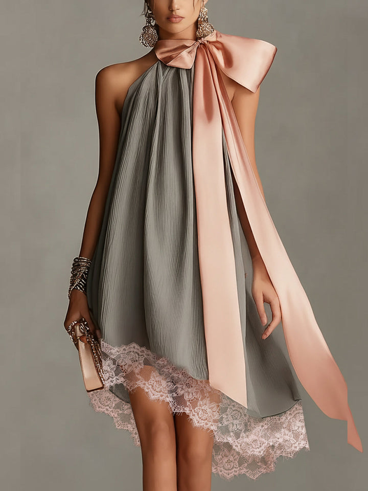 Robin - Satin Mini Dress With a Pink Bow and Lace