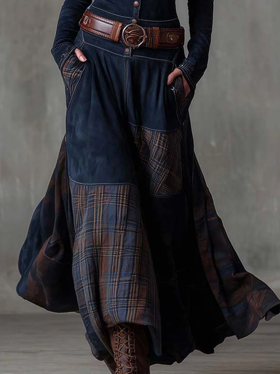 Fringilla - Long Vintage Plaid Suede Dress