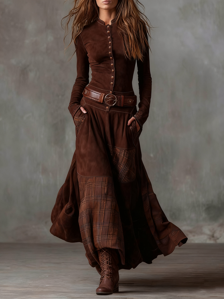 Eleza - Checked Suede Maxi Dress With Belt
