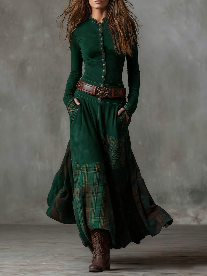 Eleza - Checked Suede Maxi Dress With Belt