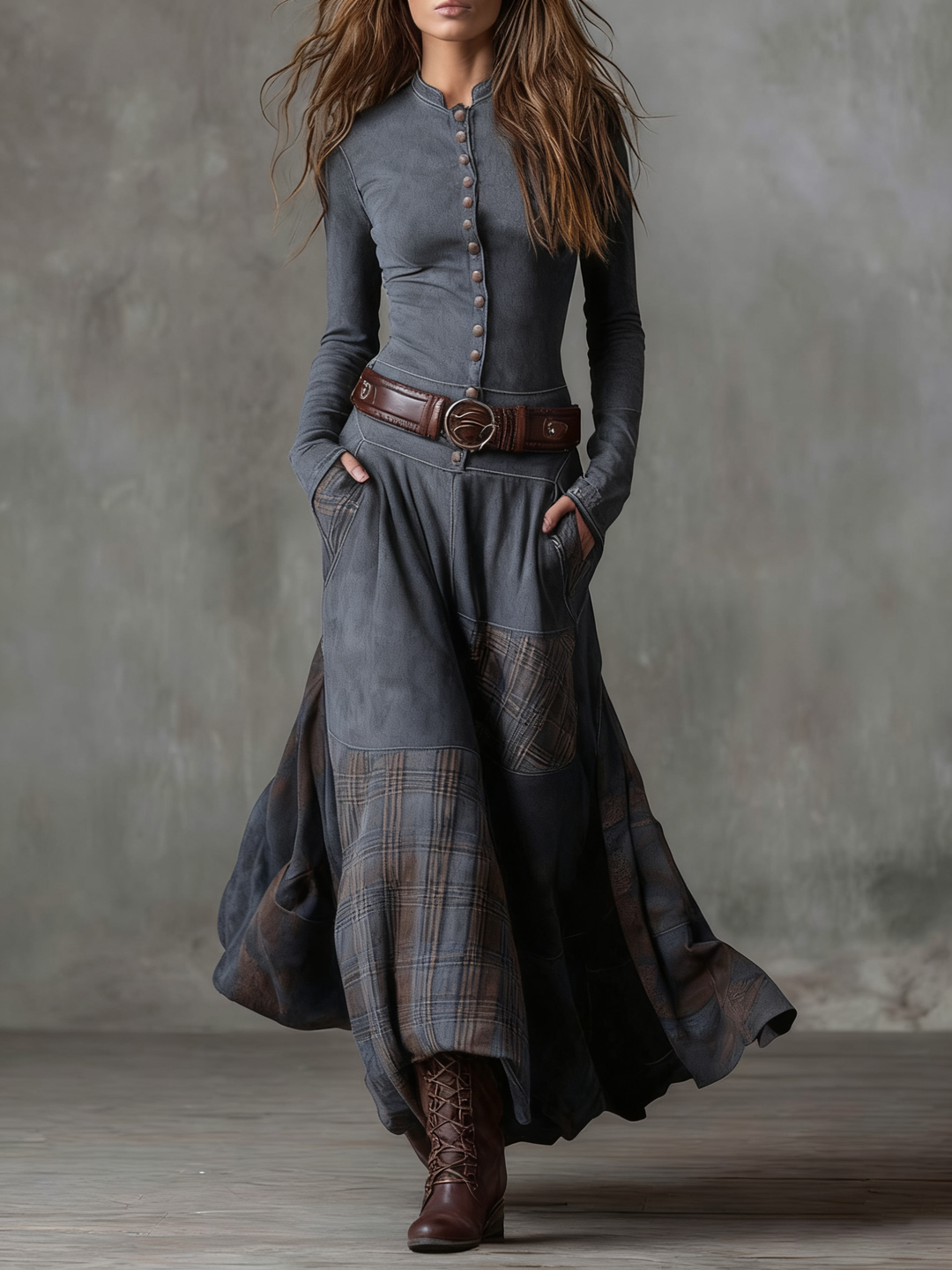 Eleza - Checked Suede Maxi Dress With Belt