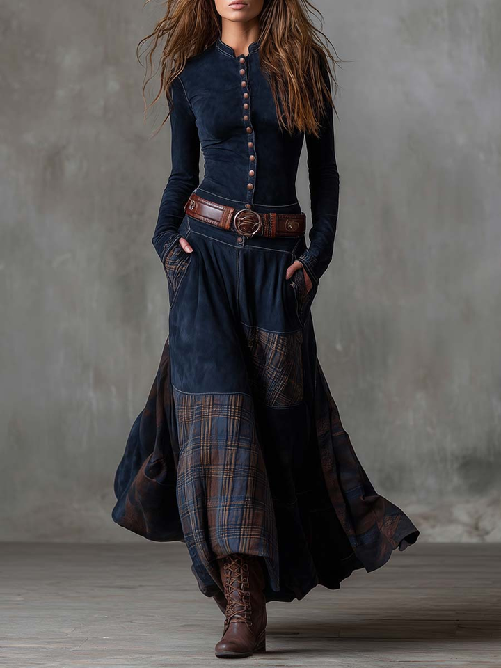 Eleza - Checked Suede Maxi Dress With Belt