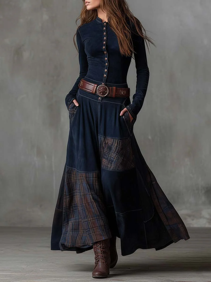 Fringilla - Long Vintage Plaid Suede Dress