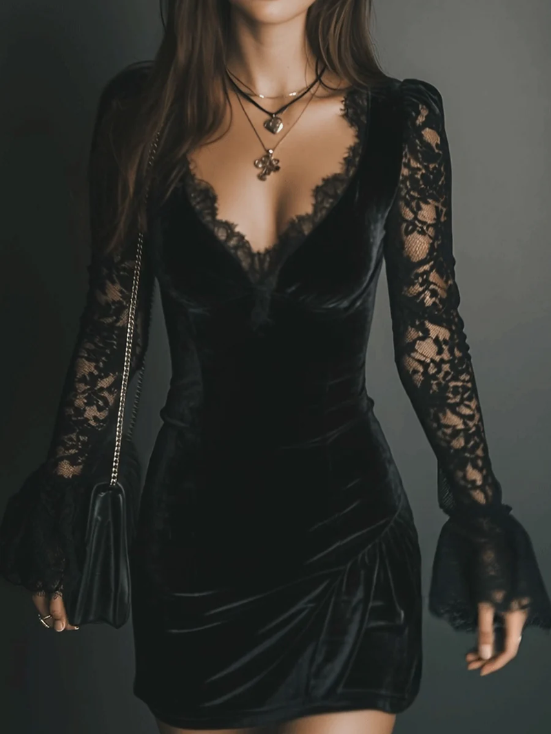 Fiziana - Velvet And Lace Mini Dress
