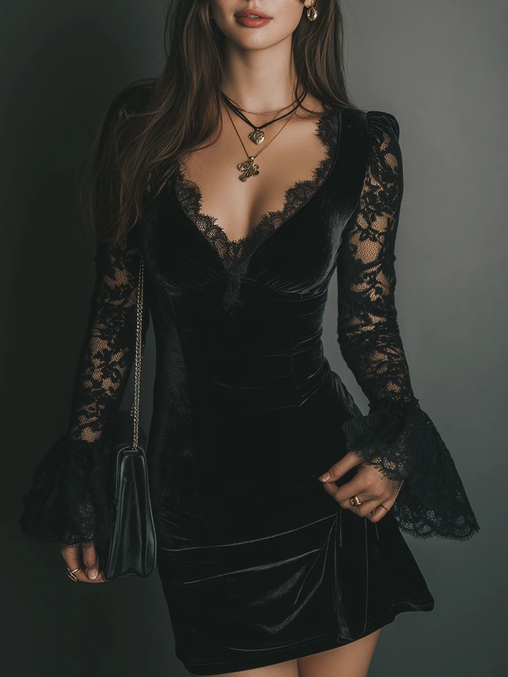 Fiziana - Velvet And Lace Mini Dress
