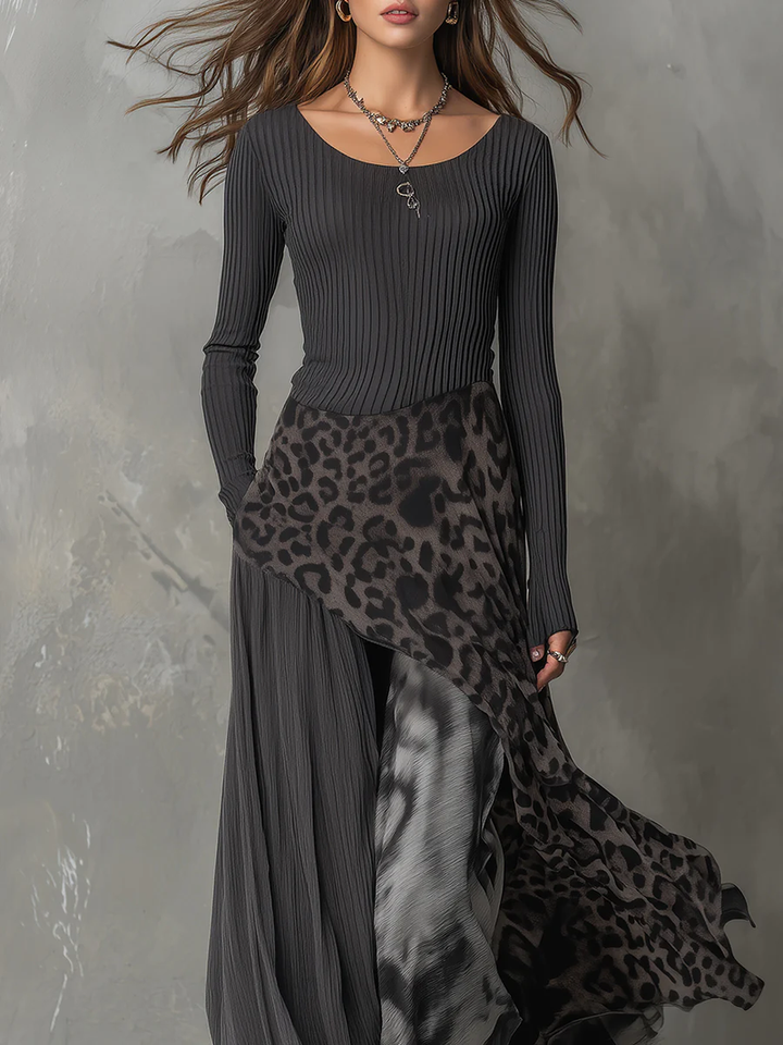 Nkem - Leopard Print Striped Maxi Dress