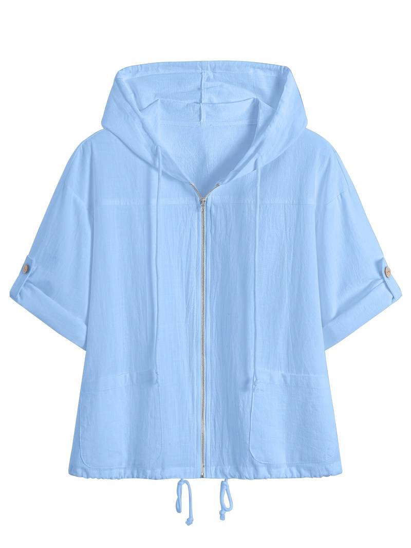 Senushi - Short Sleeve Loose Hooded With Zippered