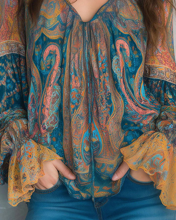 Izabella - Bohemian Style V-Neck Blouse With Flared Sleeves