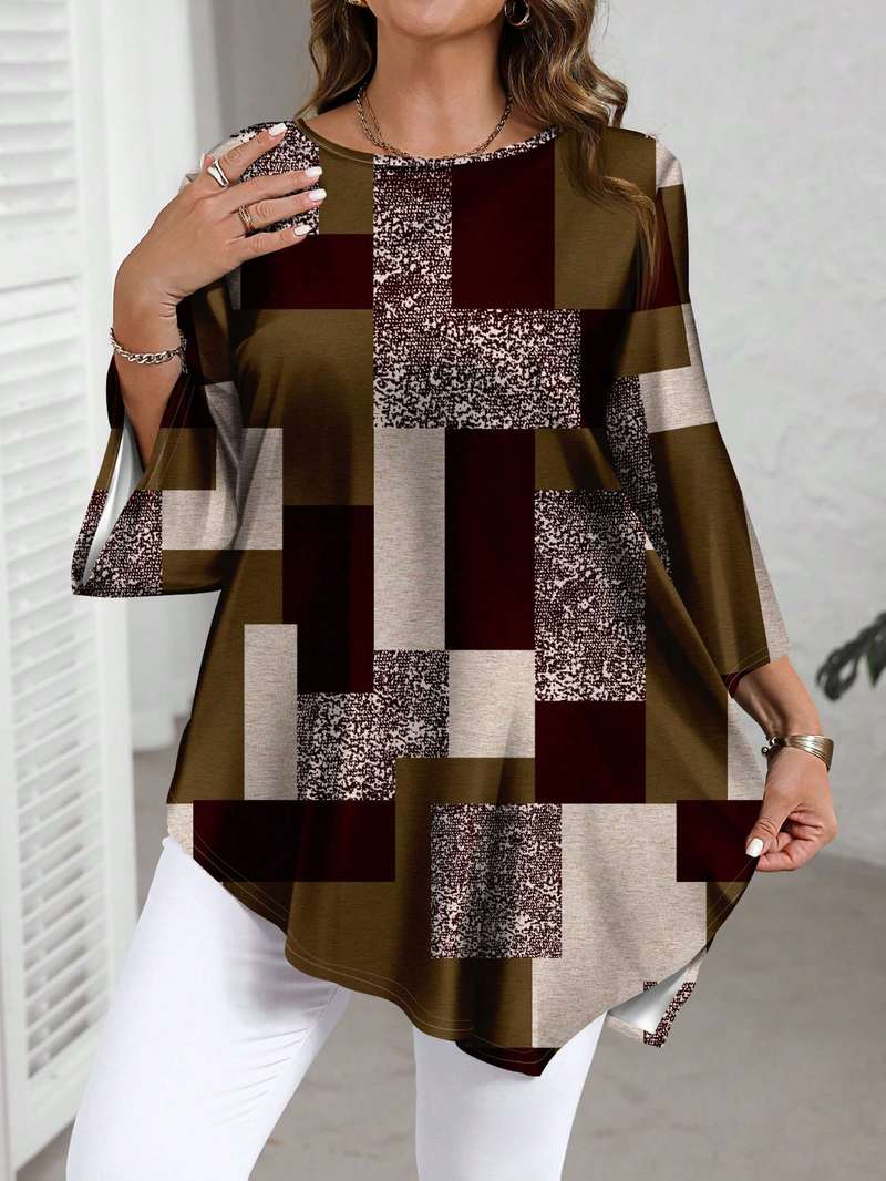 Nurit - Checkered Oversized Printed Blouse With Short Sleeve