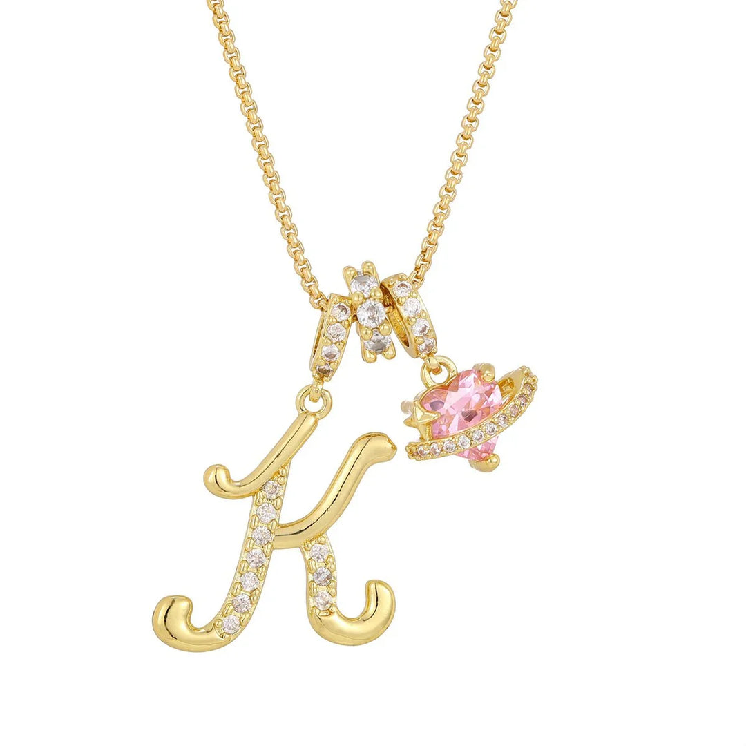 Nerute - Initial Letter Necklace With Pink Heart Charm