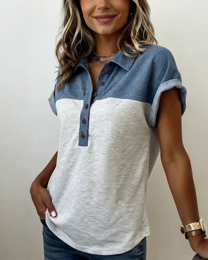 Myleena - Patchwork T-Shirt With Turn-Down Collar