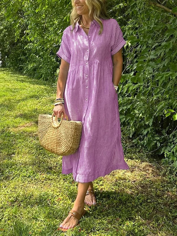 Alory - Comfortable Button Down Striped Midi Dress