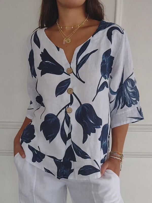 Despoina - Elegant Floral Print Top With Buttons