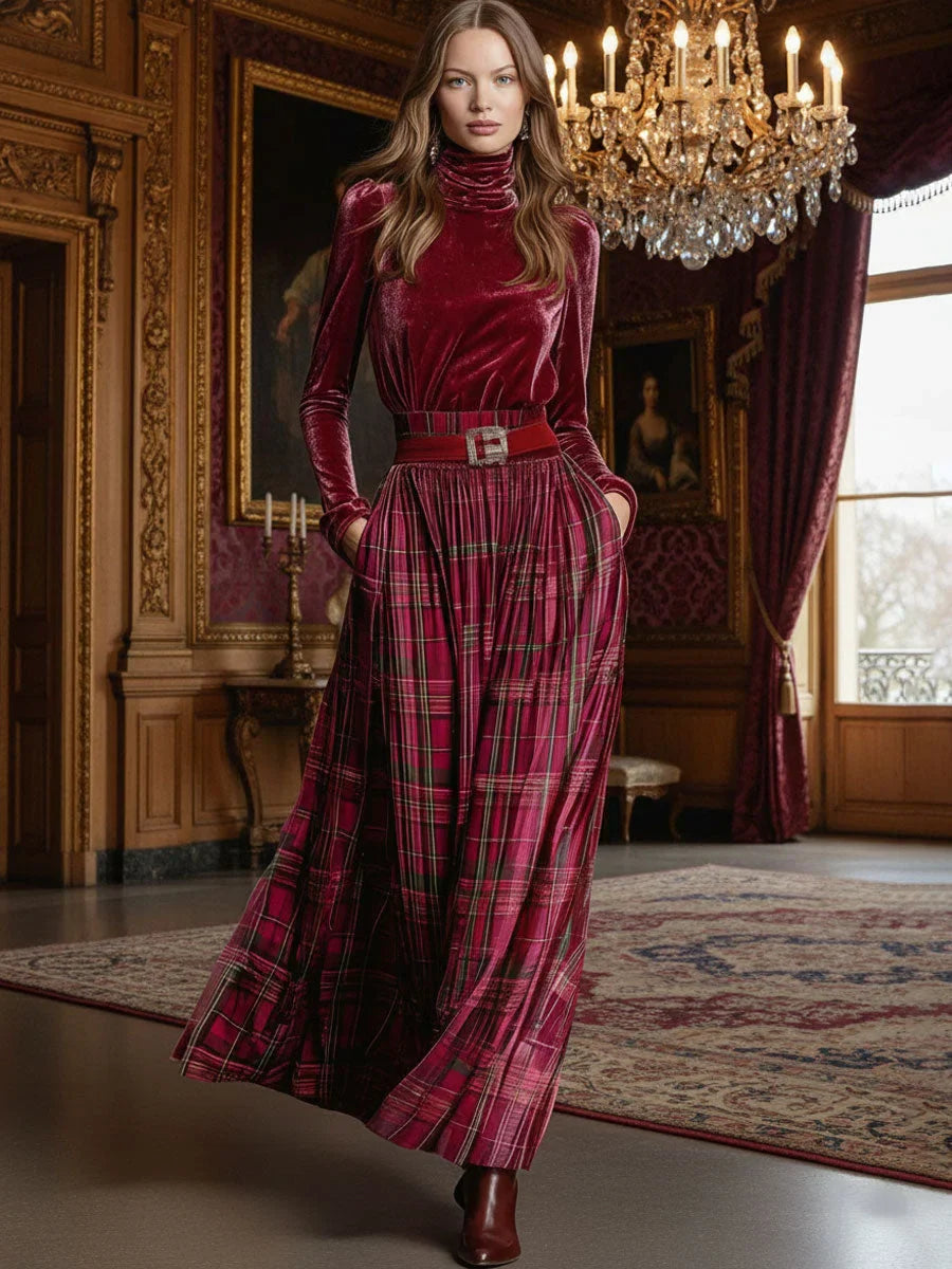 Nivaeh - Festive Retro Turtleneck Plaid Skirt Set
