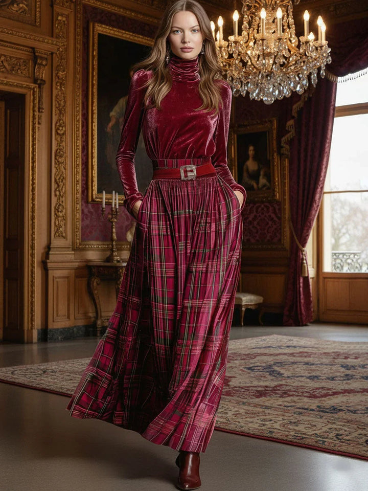 Nivaeh - Festive Retro Turtleneck Plaid Skirt Set