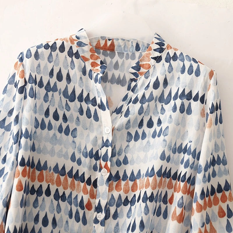 Fawna - Casual V-neck And Printed Chiffon Blouse
