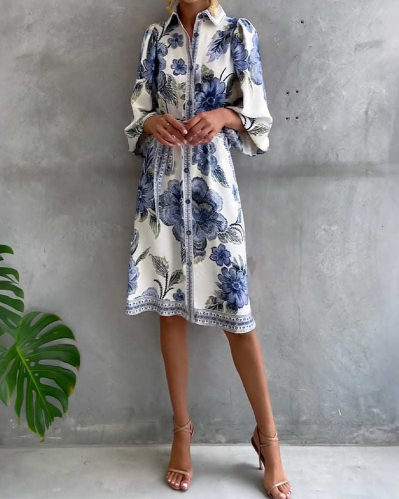 Nylera - Lantern Sleeve Dress With Notched Collar