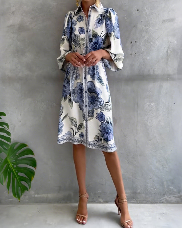 Nylera - Lantern Sleeve Dress With Notched Collar