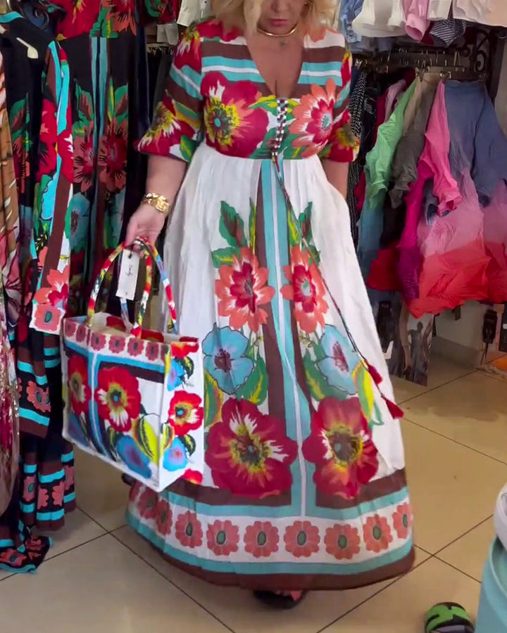 Nerijaa - Deep V-neck Floral Dress