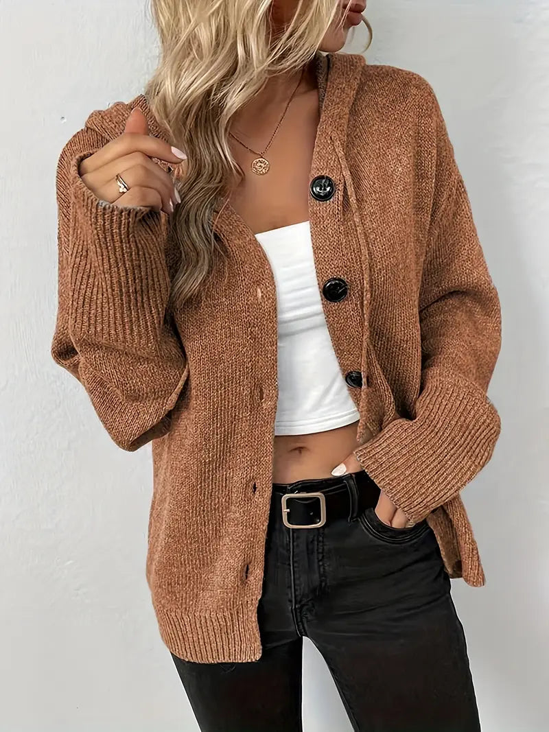 Suthida - Elegant Long Sleeve Hooded Sweater With Button