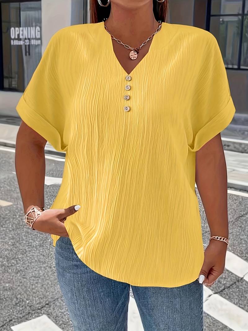 Lakmali - Textured Short Sleeve Top With V-Neck