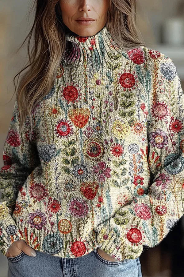 Nijole - High Neck Long Sleeved Floral Sweatshirt