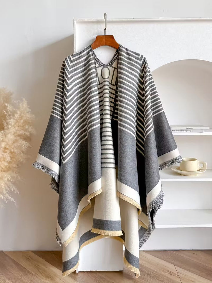 Taisija - Reversible Striped Jacquard Shawl in Faux Cashmere