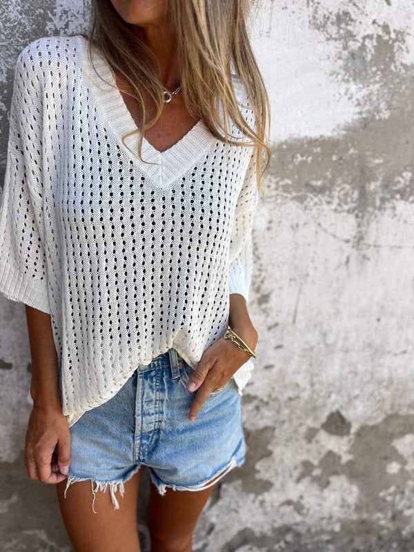 Shilana - Hollow V-Neck Knitted Top