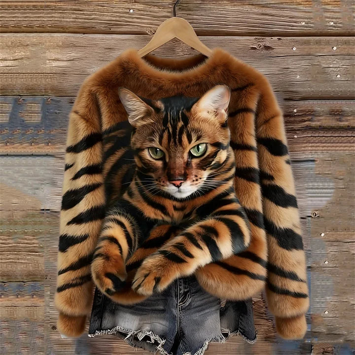 Jules - Tabby Cat And Tiger Pattern Soft Plush Sweatshirt