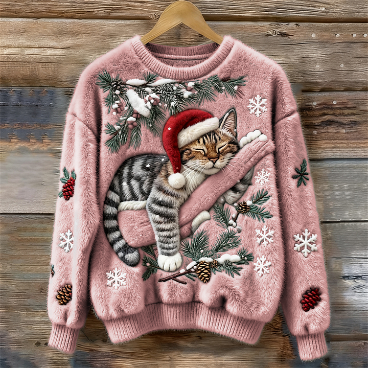 Elisabetta - Plush Sweater With a Lazy Cat Motif