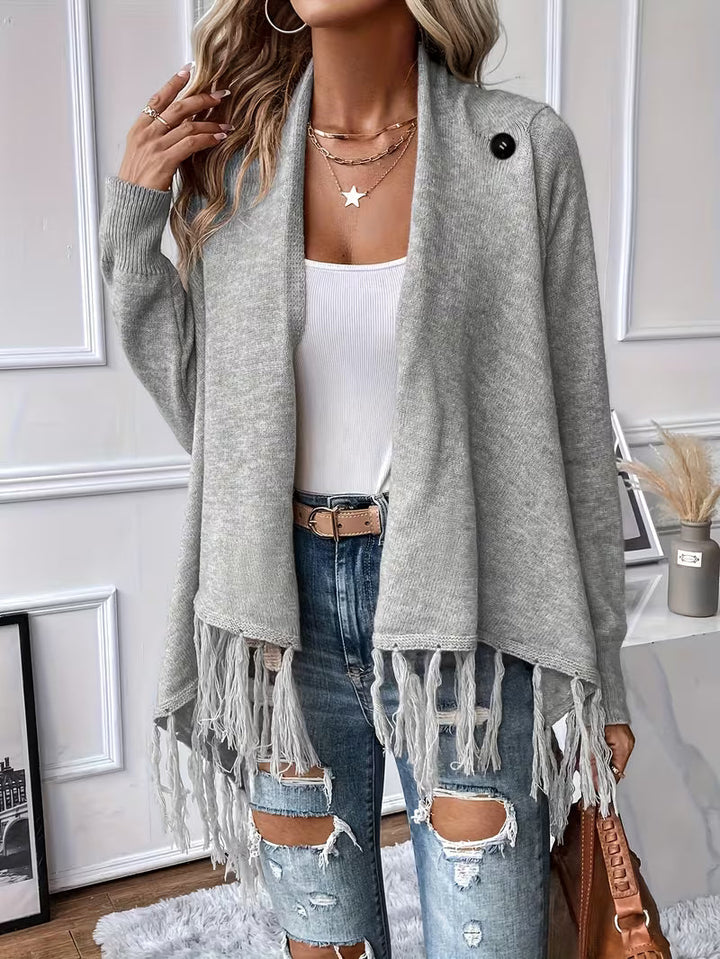Theoaula - Draped Neck Cardigan With Fringed Trim