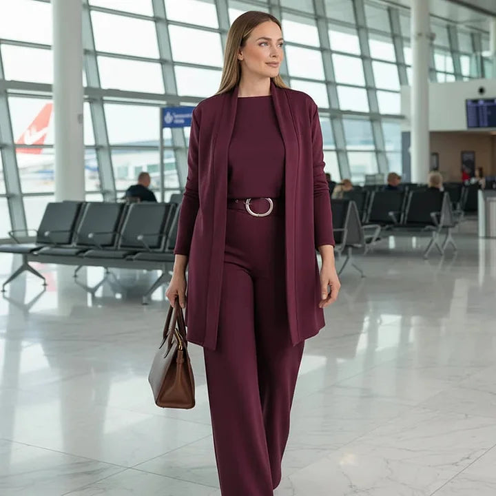 Zivara - Elegant 3-Piece Set With Long Cardigan, Top And Pant