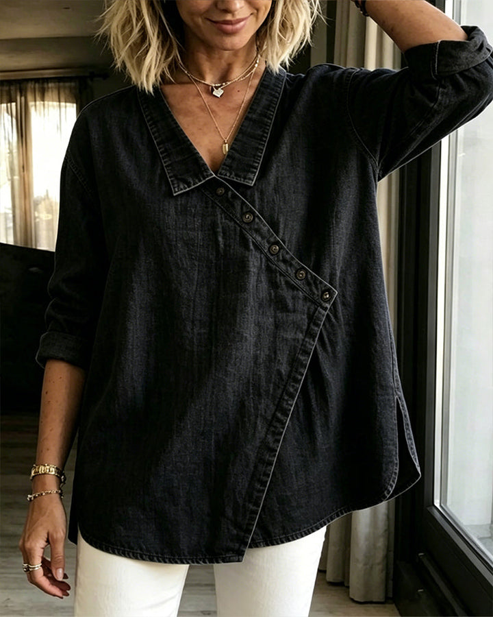 Olizia - Plain Blouse With Diagonal Button Neck
