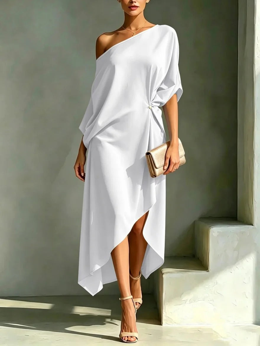 Elonia - Off Shoulder Asymmetric Midi Dress