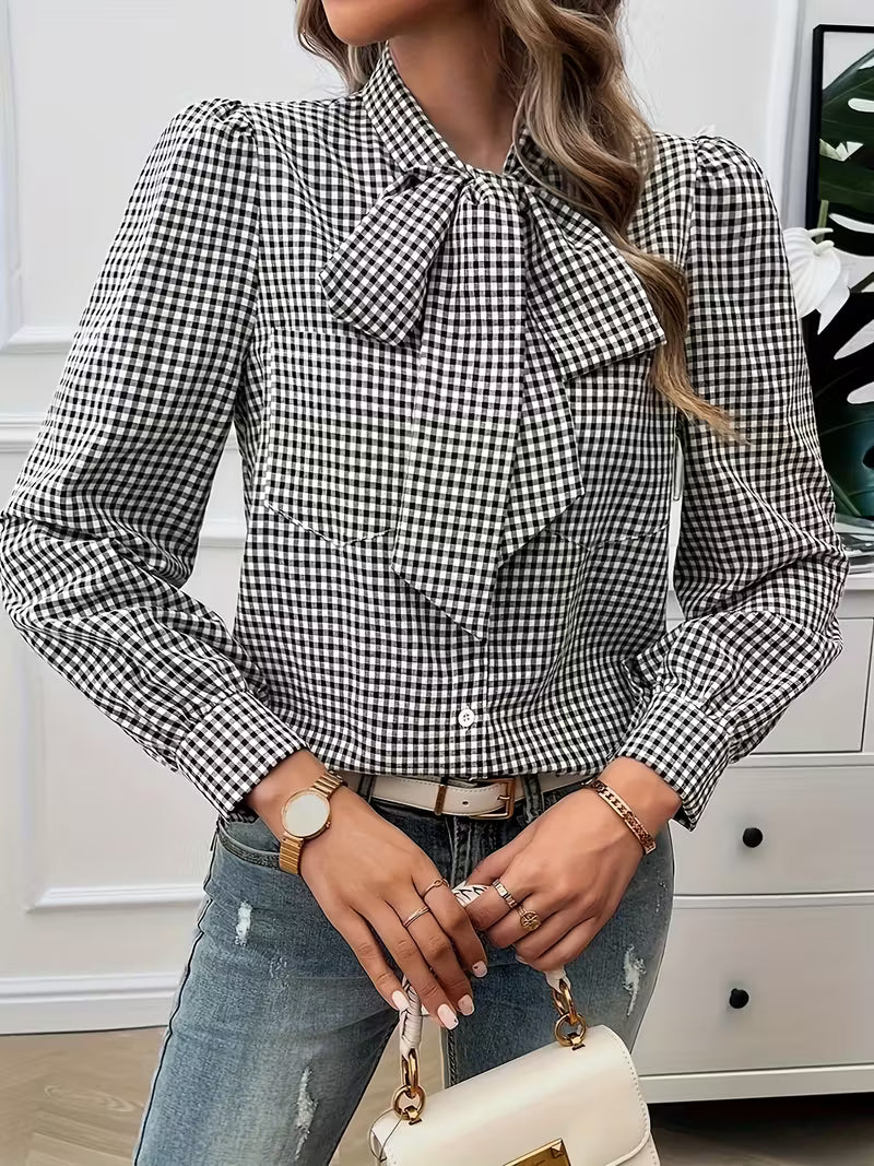 Meella - Elegant Gingham Check Bow Tie Blouse