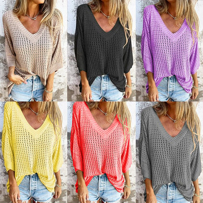 Shilana - Hollow V-Neck Knitted Top