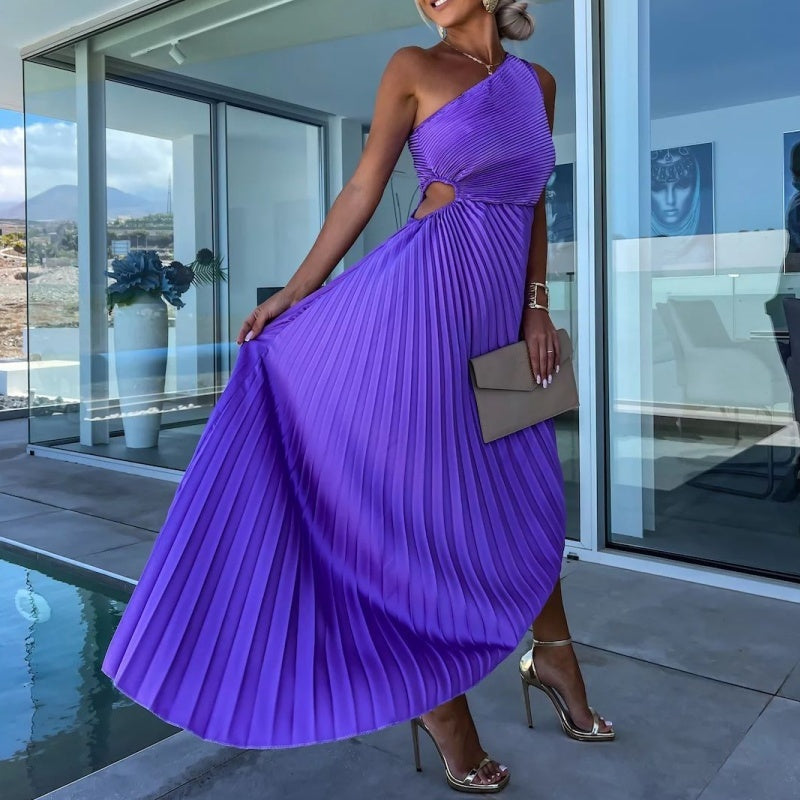 Breena - Stlyish One-Shoulder Pleated Maxi Dress