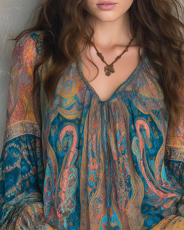 Izabella - Bohemian Style V-Neck Blouse With Flared Sleeves