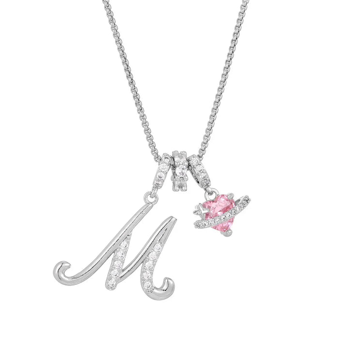 Nerute - Initial Letter Necklace With Pink Heart Charm