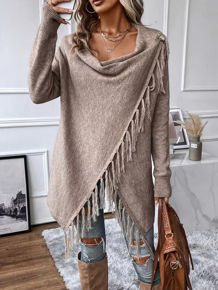 Theoaula - Draped Neck Cardigan With Fringed Trim