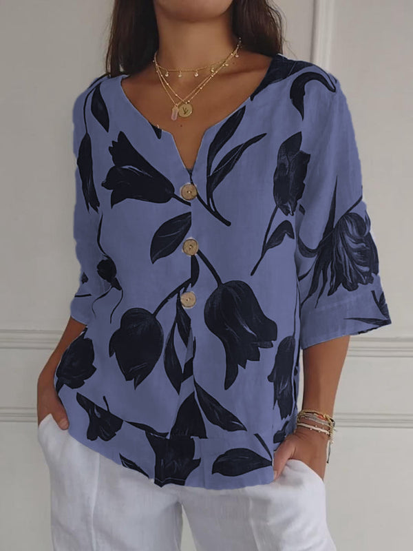 Despoina - Elegant Floral Print Top With Buttons